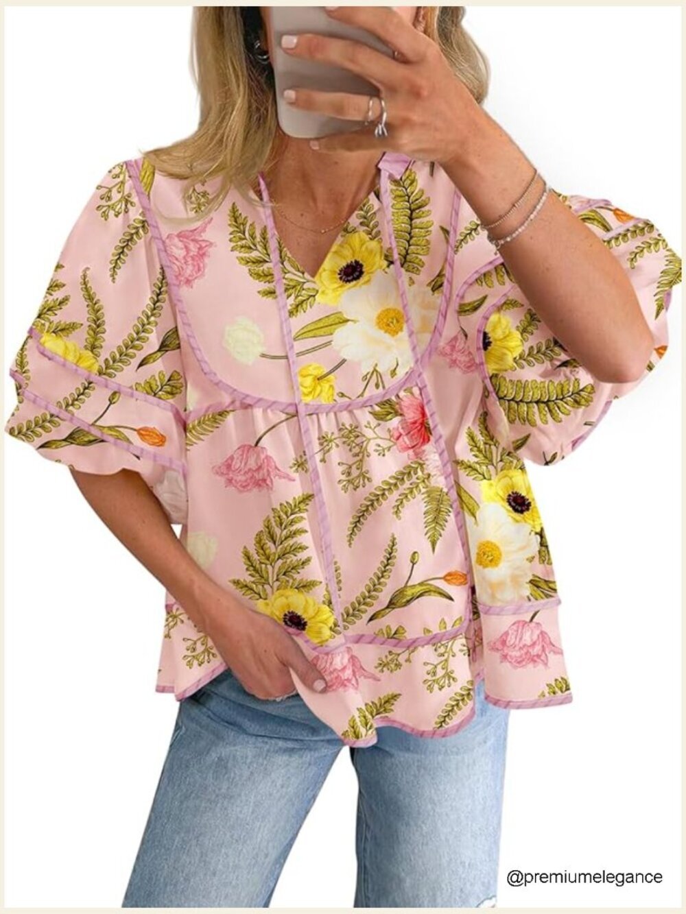 Floral Babydoll Top V Neck Short Lantern Sleeve Blouse Cute Loose Fit Flowy